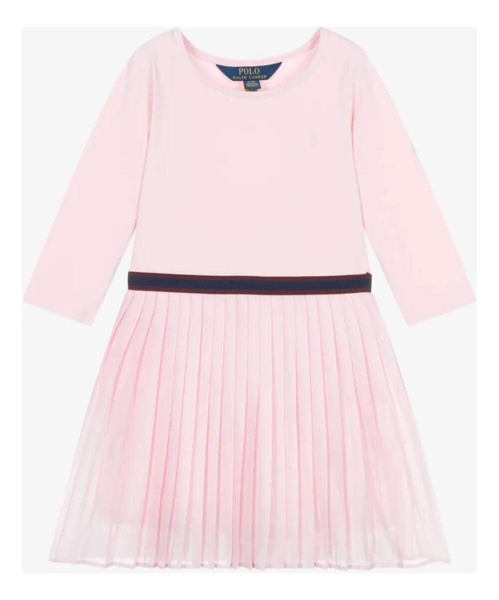 Polo Ralph Lauren Girls Pink Long Sleeve Pleated Dress Size M NWT